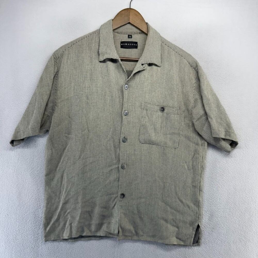 Vintage Baracuta Shirt men's Small Black Tan Cropped Loop Camp Collar Rayon 90s